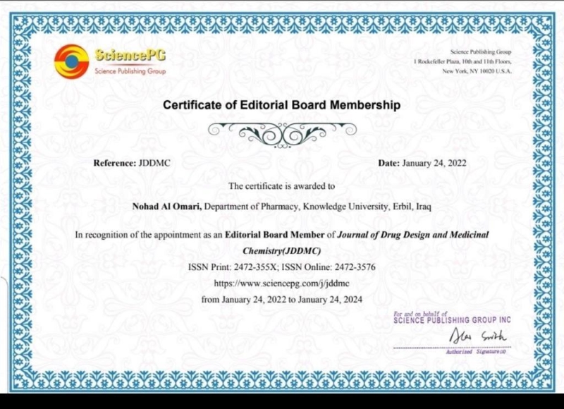 Asst.Prof.Dr. Nohad Al Omari was selected as an Editorial board member in an international scientific journal 